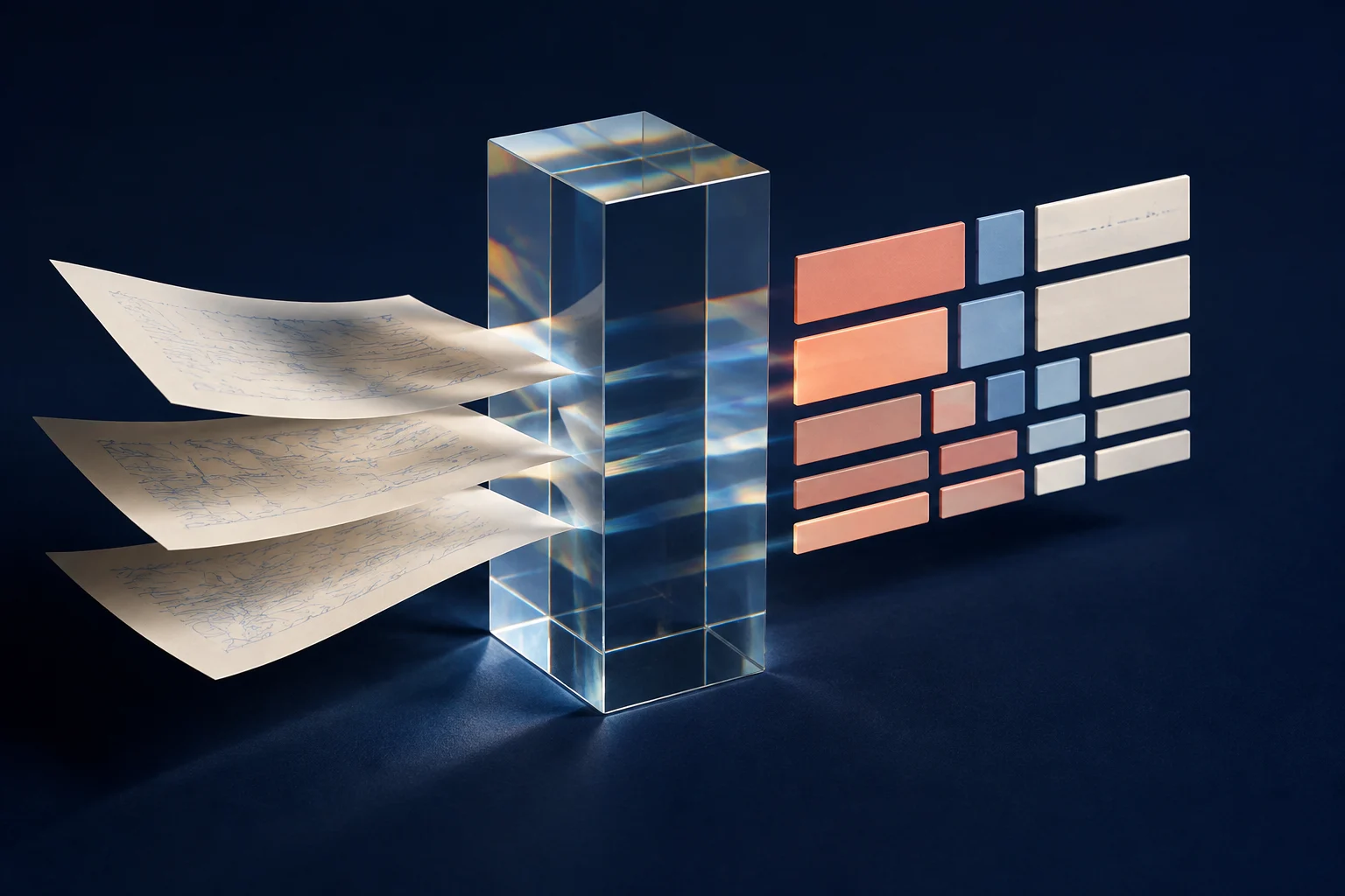Concept artwork of paper passing through optical glass and becoming structured data