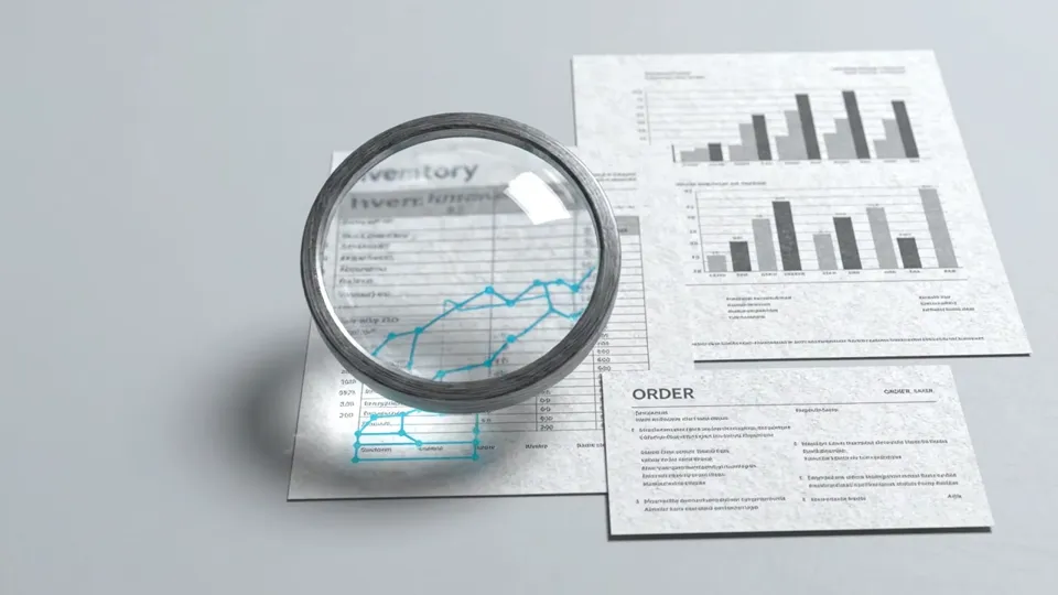Document workflow illustration with order sheets and a magnifying lens